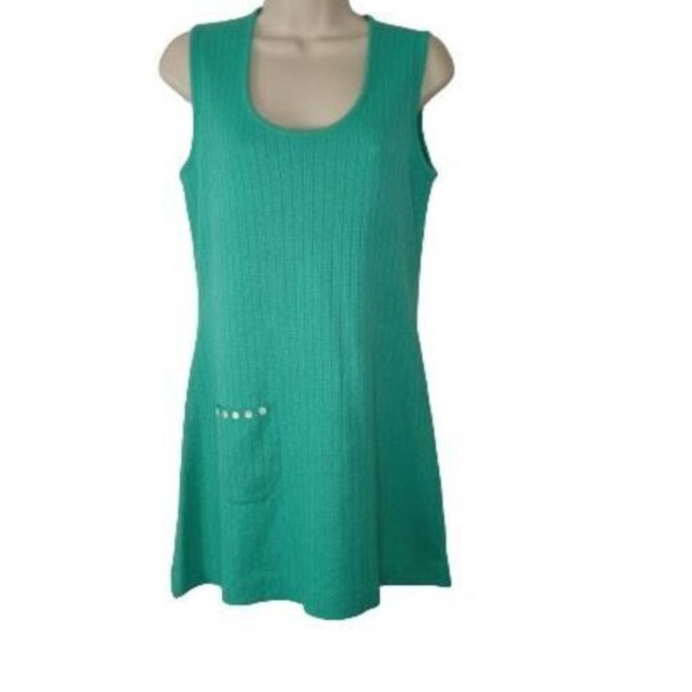 Vintage 1960s Womens Junior House Shift Dress Ribbed Knit Green Pocket